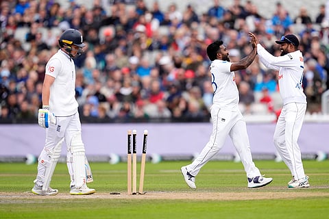 England vs Sri Lanka 1st Test Day 2: Sri Lanka's Asitha Fernando, center, celebrates England's Ollie Pope wicket